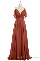 Rust Orange Chiffon Cold-Shoulder Long Bridesmaid Dresses